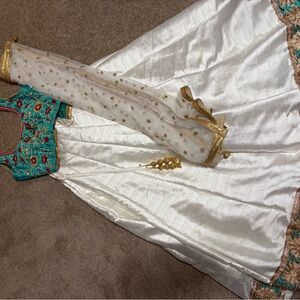 Elegant White and Teal Traditional Dress